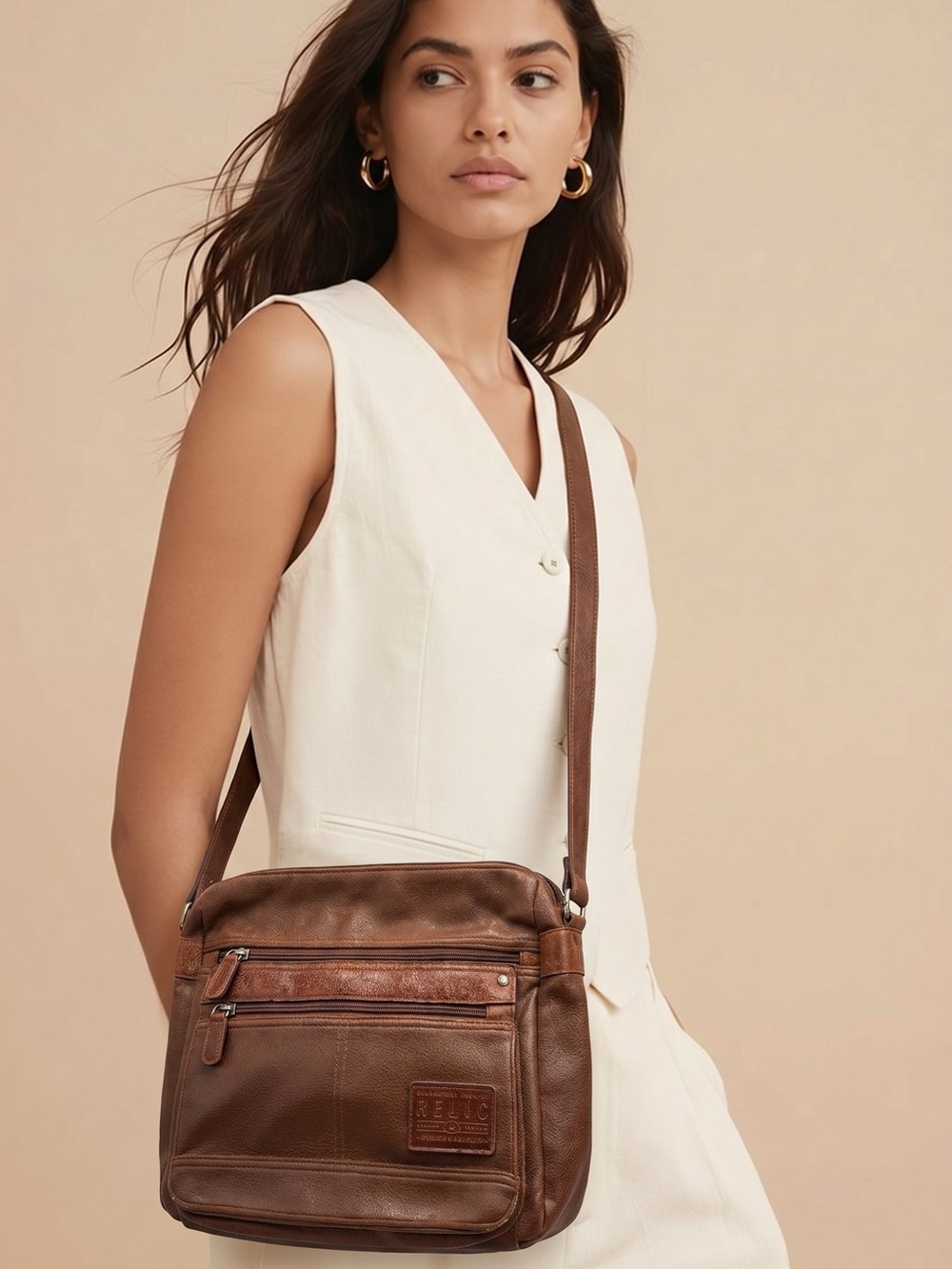 Relic Cognac Brown Leather Messenger Bag with Front Zip Pockets
